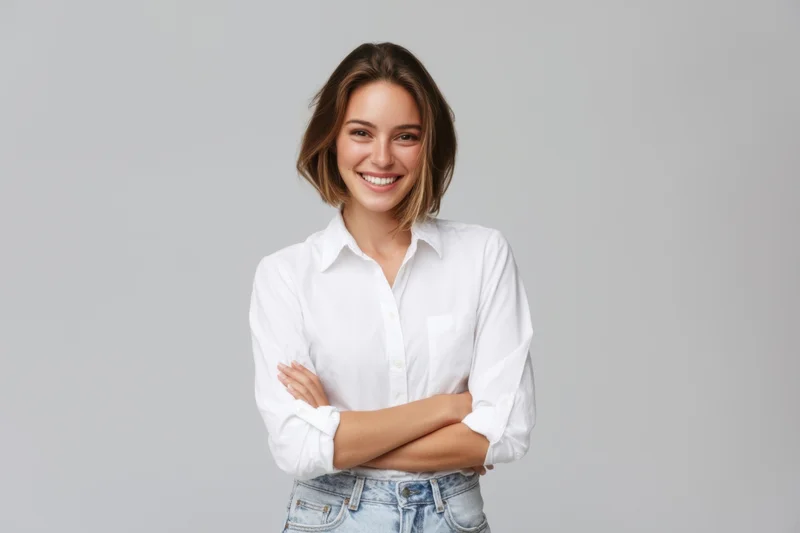 Young woman smiling with arms crossed in white shirt and jeans against neutral background
