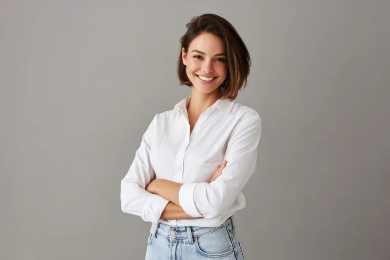 Young woman smiling with arms crossed in white shirt and jeans against gray background