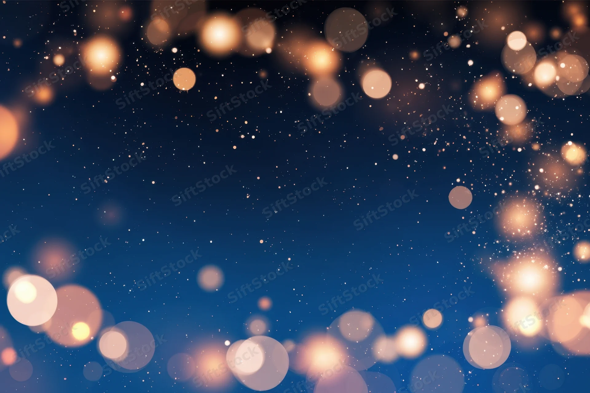 Deep blue gradient background with warm bokeh lights and sparkling particles