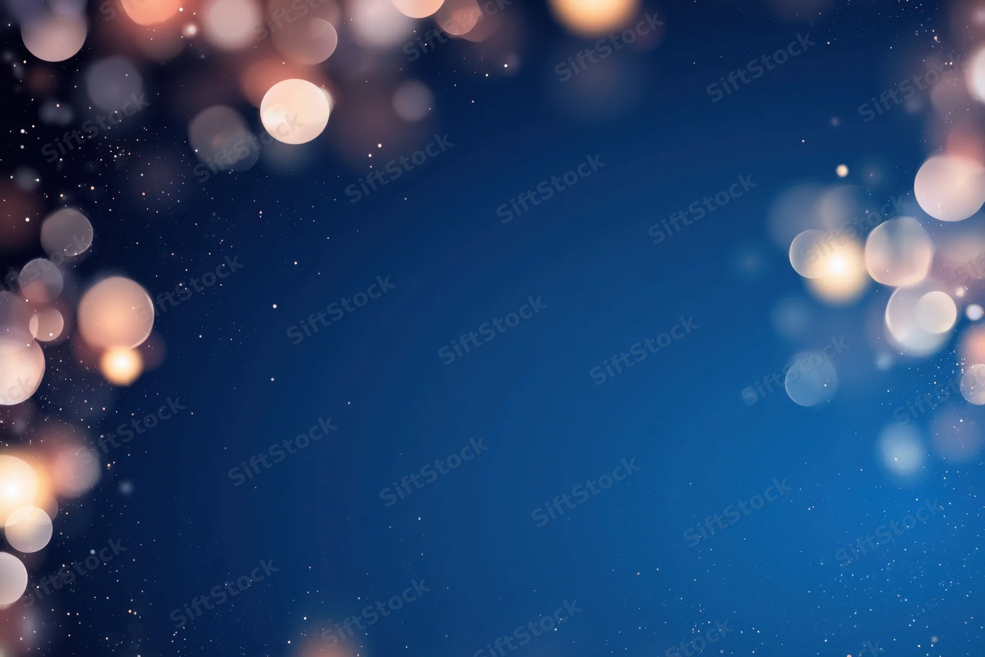 Deep blue gradient background with soft warm bokeh lights and sparkling particles framing the edges