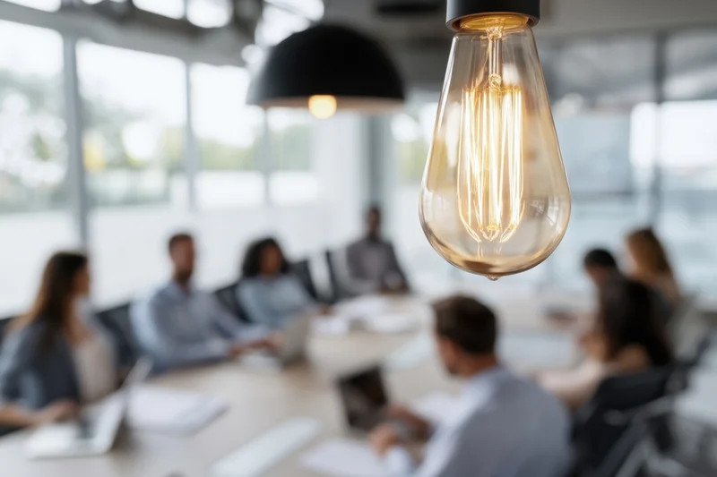 Glowing vintage lightbulb hanging above a blurred group of diverse professionals in a conference meeting around a long table