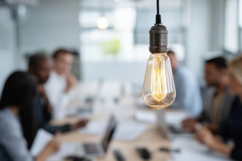 Glowing lightbulb hanging above a diverse group of professionals in a conference meeting at a long table in a modern office