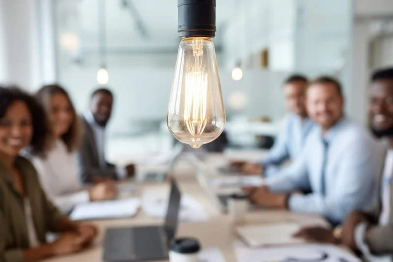 Glowing lightbulb in focus above a diverse group of smiling professionals collaborating around a conference table in a modern office