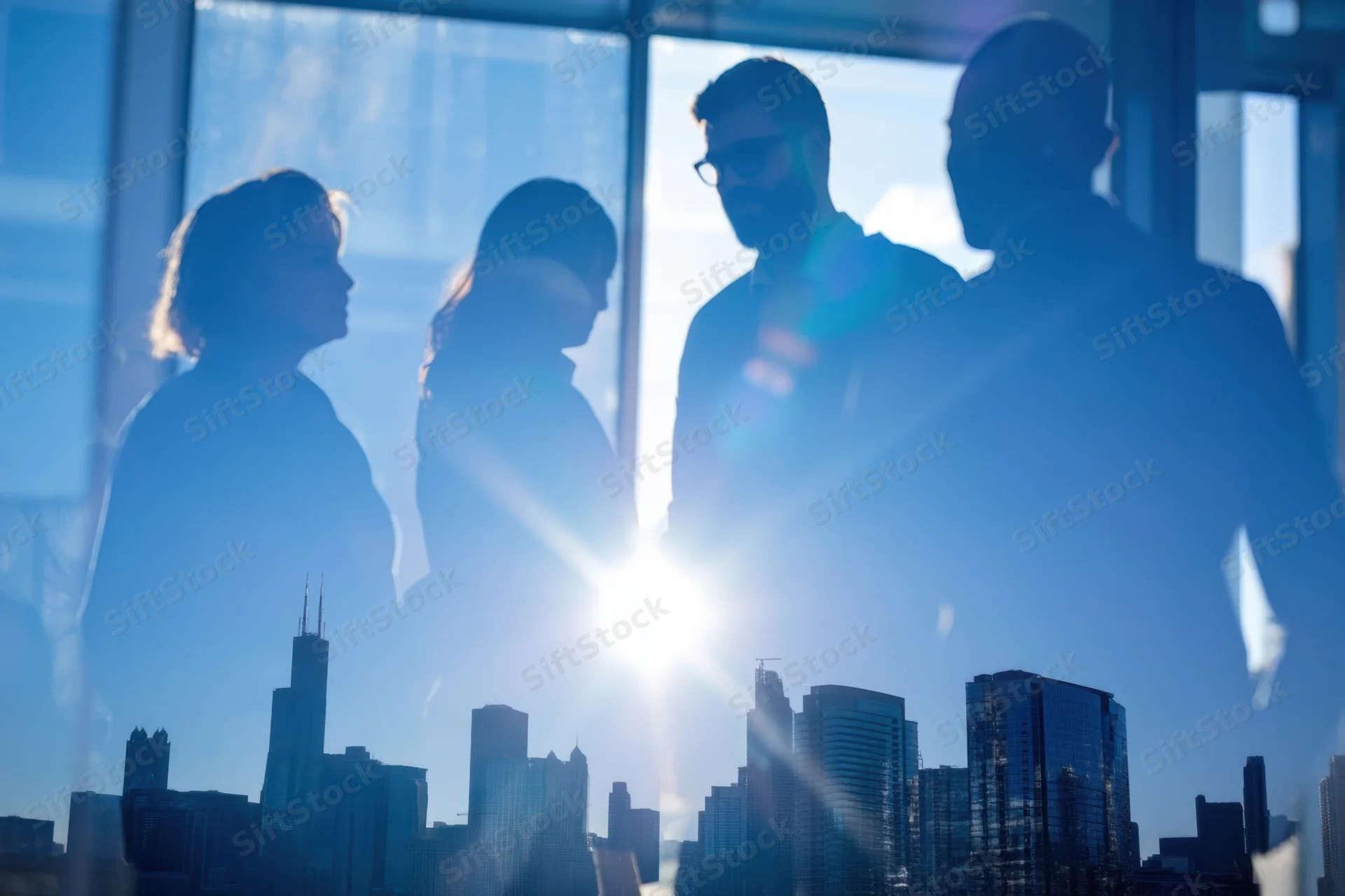 Silhouettes of business professionals in discussion overlaid on a sunlit city skyline through office windows
