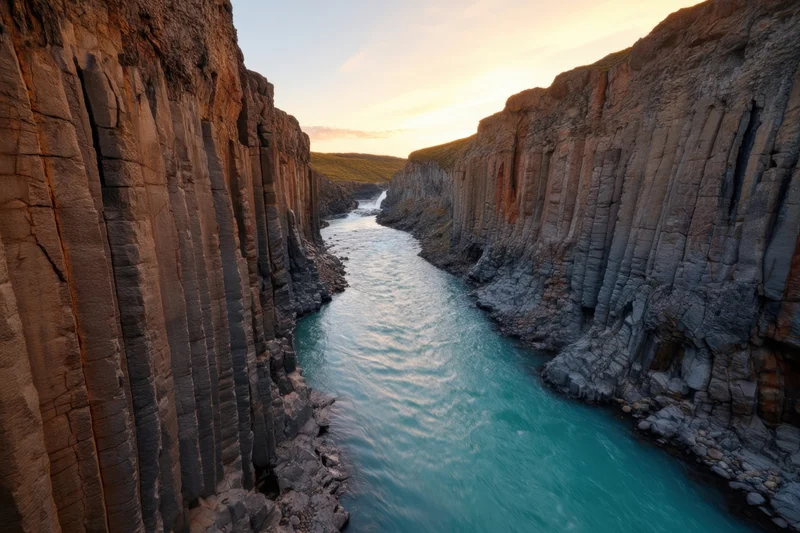 Hexagonal basalt columns lining a river canyon at sunset