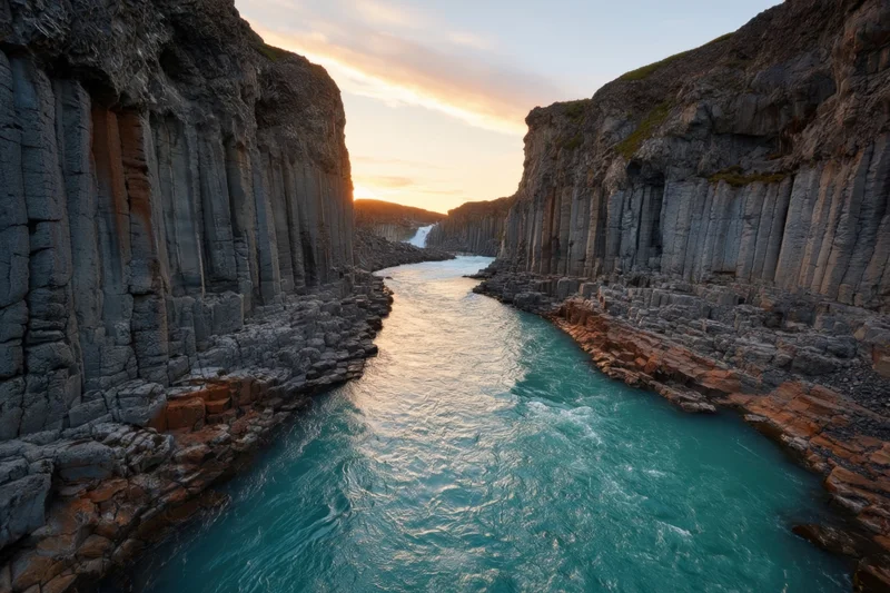 Hexagonal basalt columns lining a turquoise river in a narrow canyon at sunset
