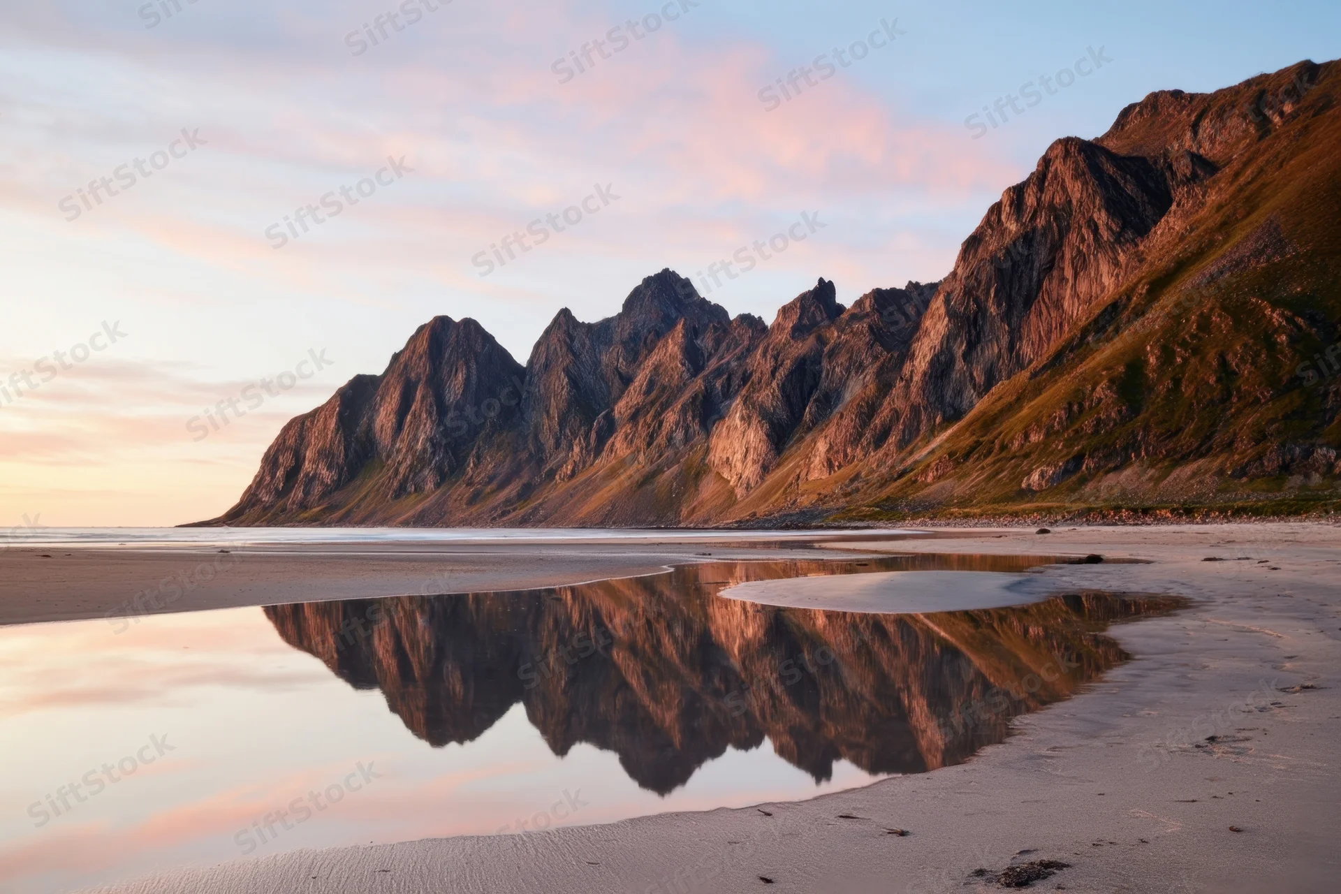 Jagged mountain peaks reflected in still water on a sandy beach at sunset