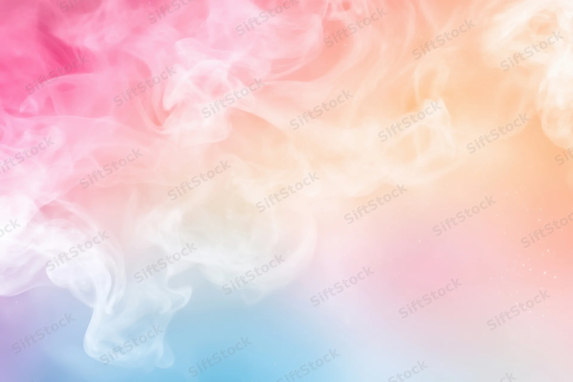 Swirling pastel smoke blending pink peach and blue in a soft gradient background