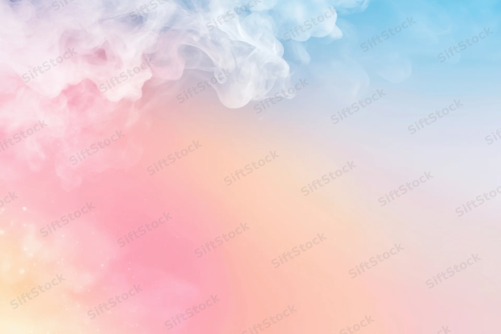Pastel gradient of pink peach and blue with swirling smoke and soft light