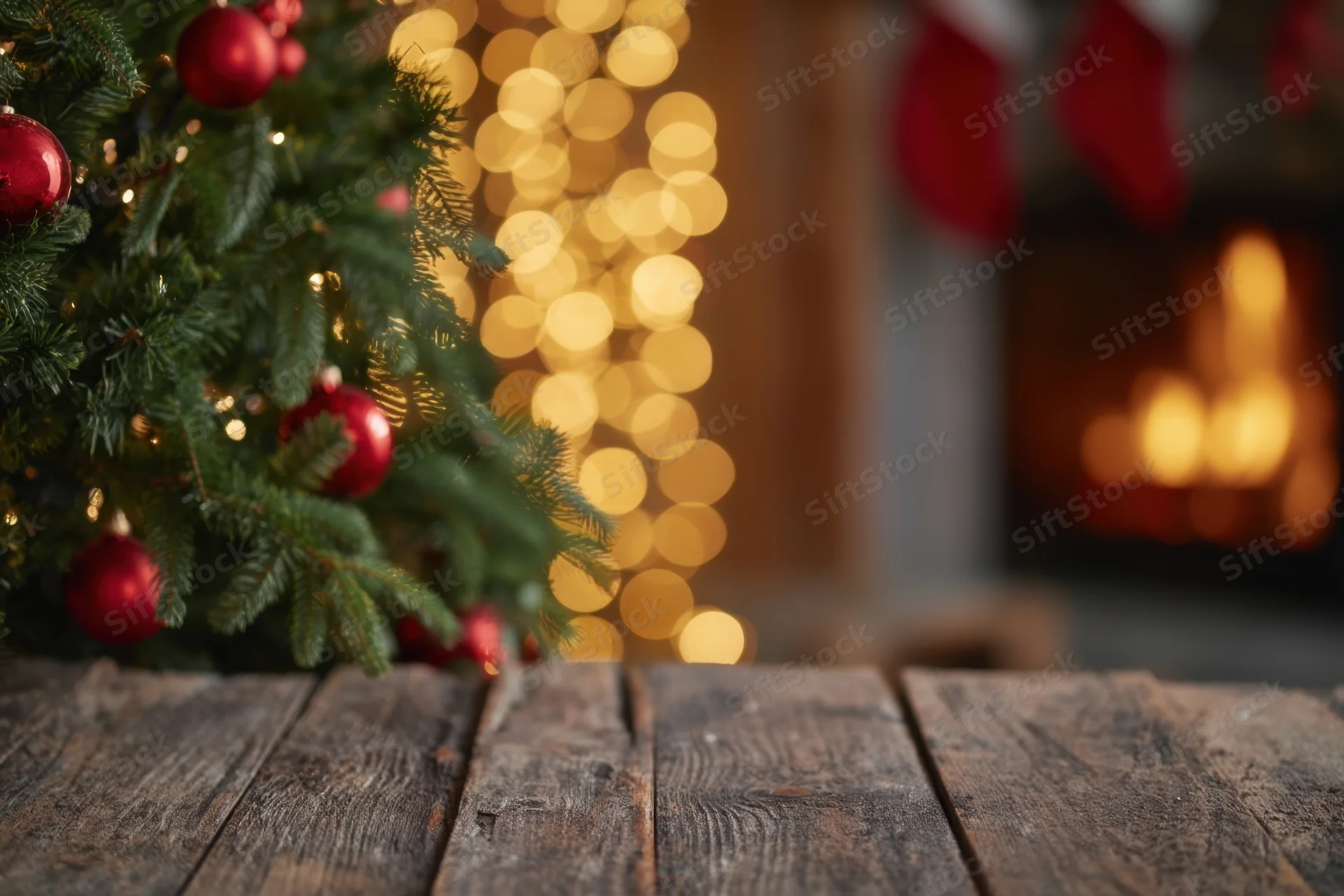 Christmas tree with red ornaments and warm lights beside a fireplace, viewed over a rustic wooden table