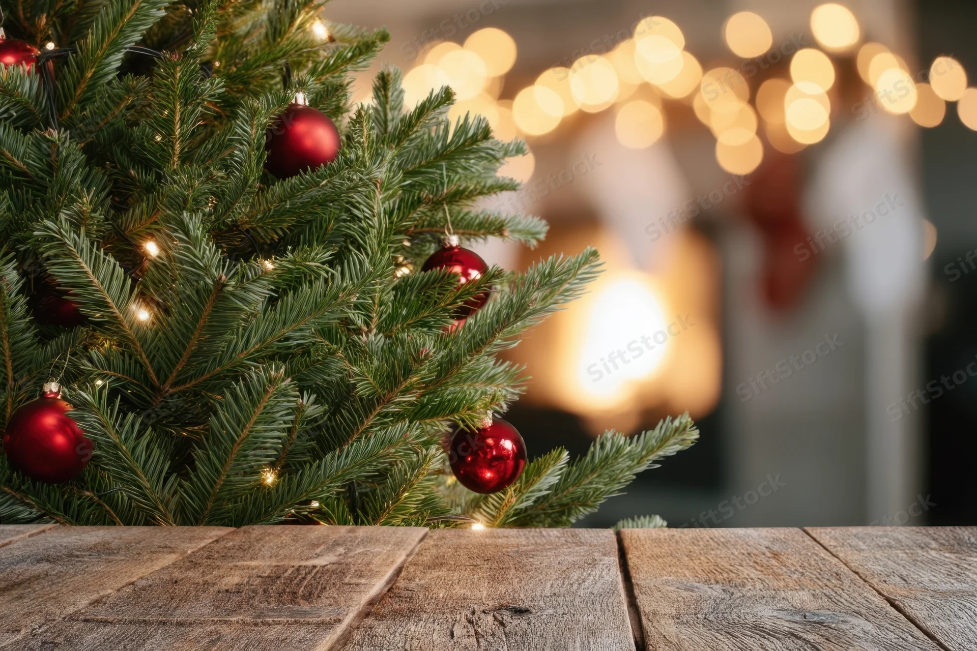 Close-up of a decorated evergreen christmas tree with red ornaments and warm lights, set against a blurred festive background with wooden table in foreground