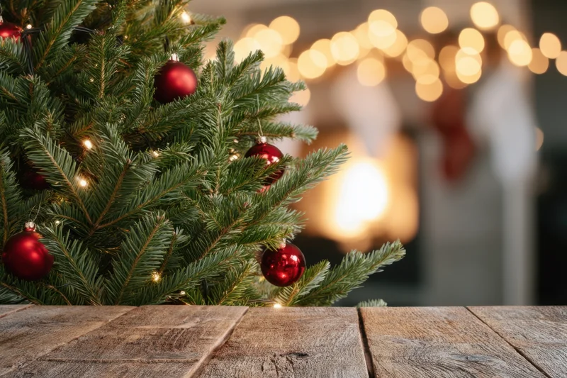 Close-up of a decorated evergreen christmas tree with red ornaments and warm lights, set against a blurred festive background with wooden table in foreground