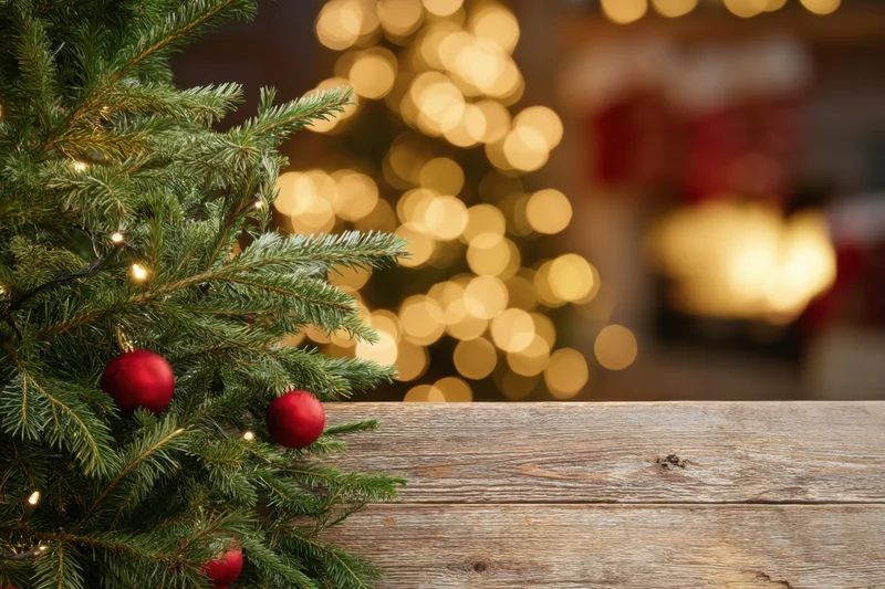 Evergreen branches with red ornaments and string lights on a wooden table beside blurred holiday lights