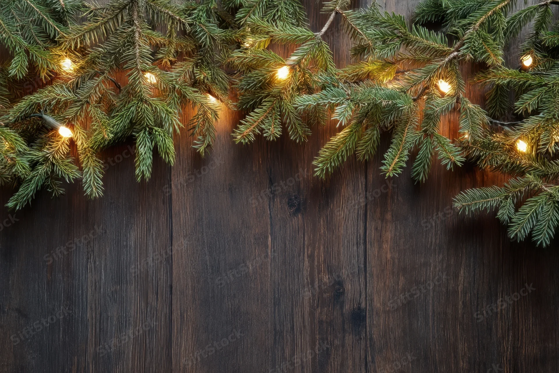 Evergreen branches with warm glowing lights arranged across dark wooden surface