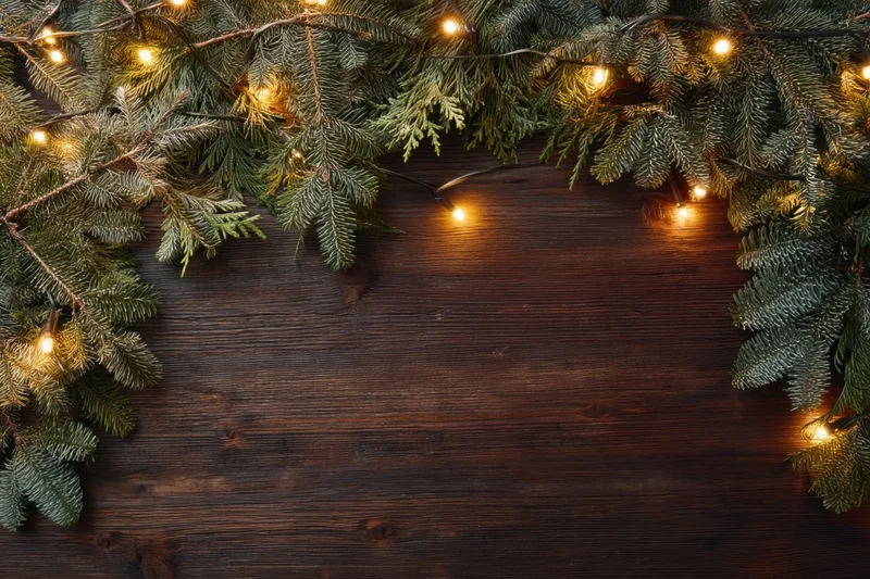 Evergreen branches with warm string lights arranged as a festive frame on a dark wooden surface
