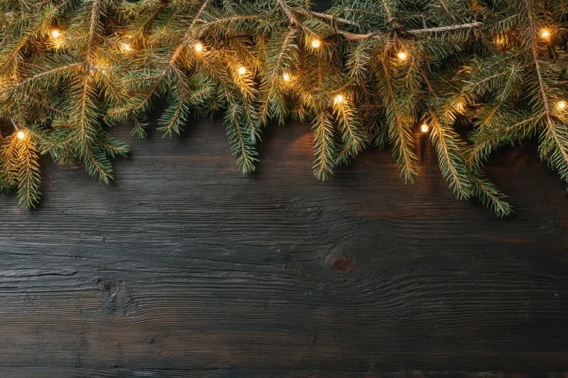 Evergreen branches with warm glowing lights arranged across dark wooden surface