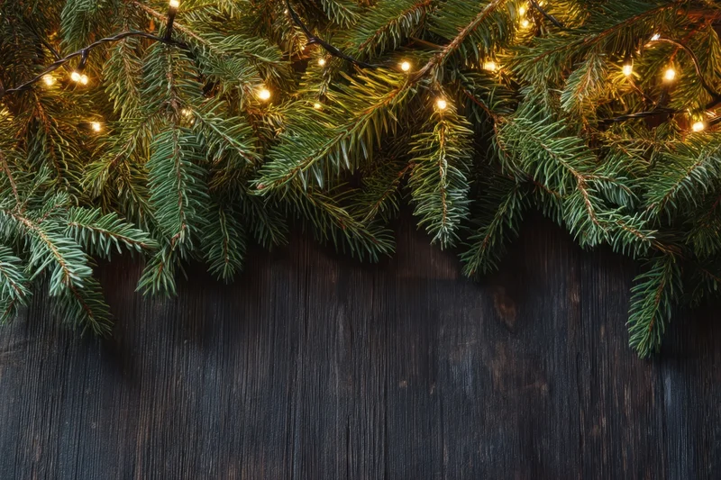 Evergreen branches with warm glowing lights arranged across dark wooden surface
