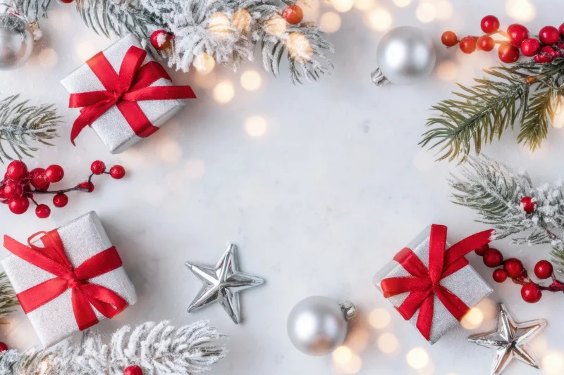 Silver gift boxes with red ribbons and pine branches arranged on white marble surface with festive lights and ornaments around edges