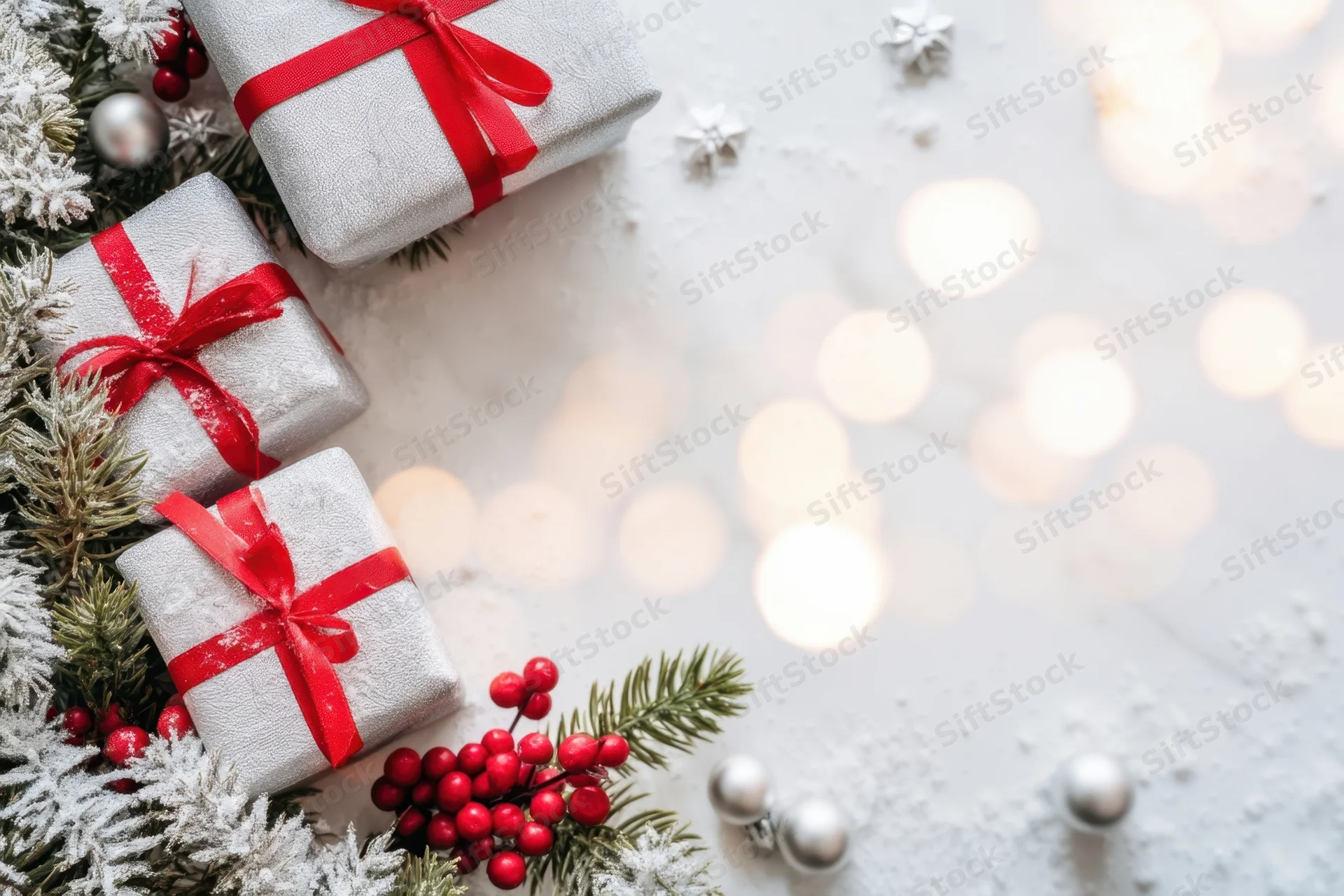 Silver gift boxes with red ribbons arranged on snowy surface with pine branches and holiday lights