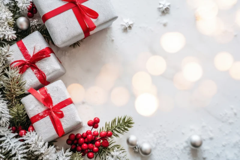 Silver gift boxes with red ribbons arranged on snowy surface with pine branches and holiday lights