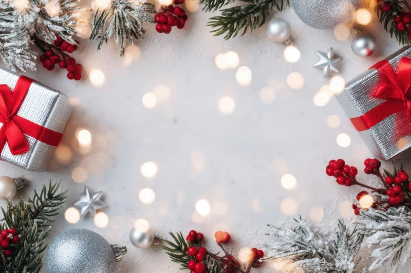 Festive winter flat lay with silver gift boxes, red ribbons, pine branches, berries, ornaments, and soft bokeh lights arranged around a central copyspace