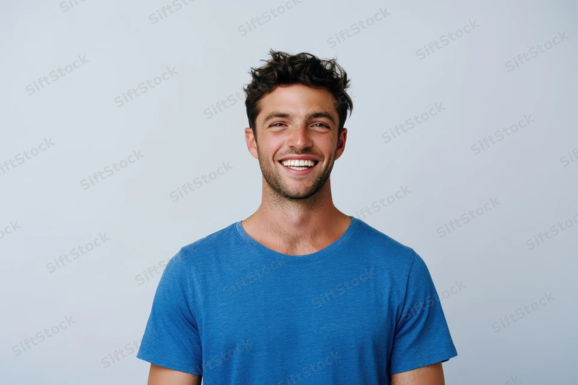 Smiling man in blue tshirt posing against light studio background
