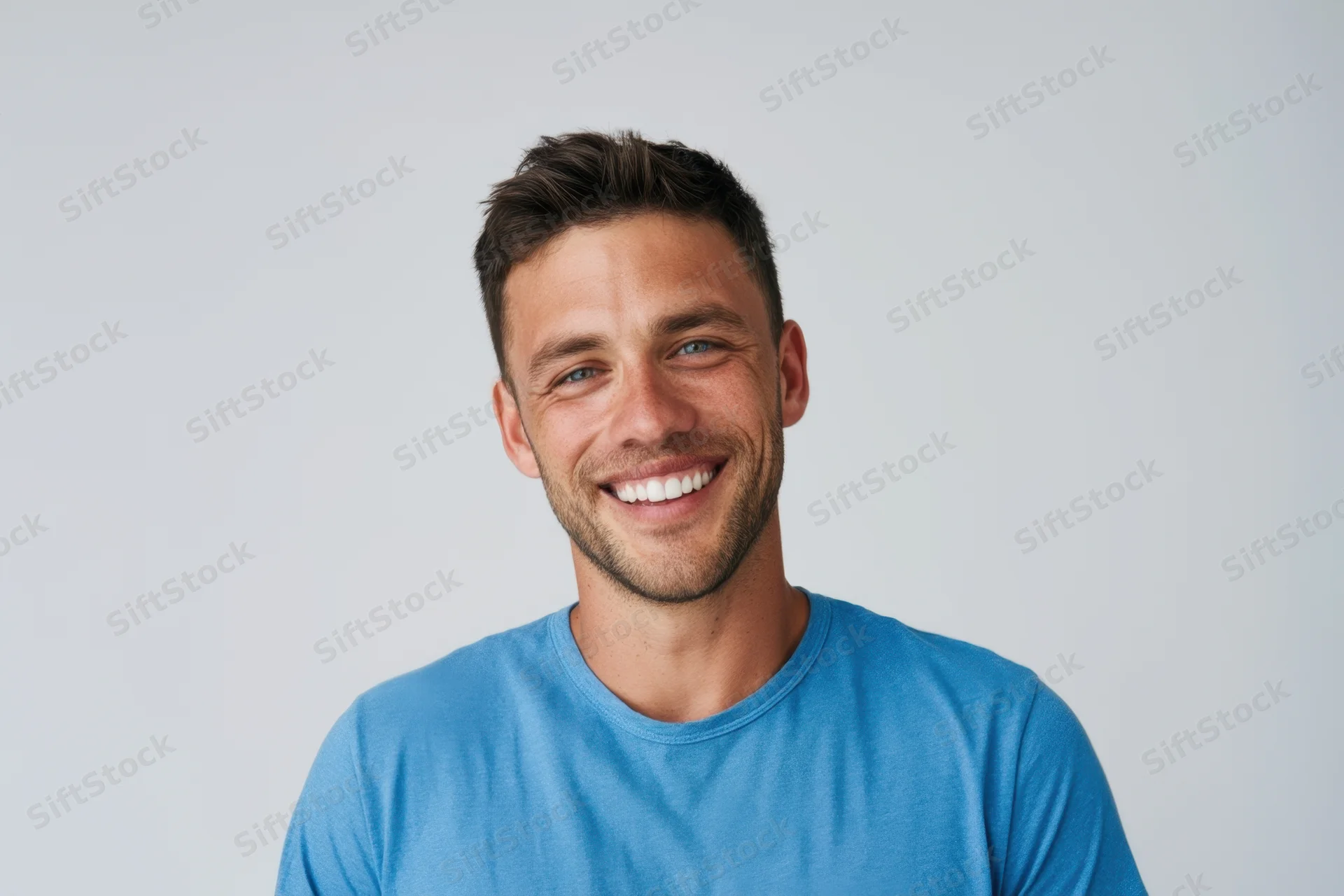 Smiling man in blue tshirt posing against white background