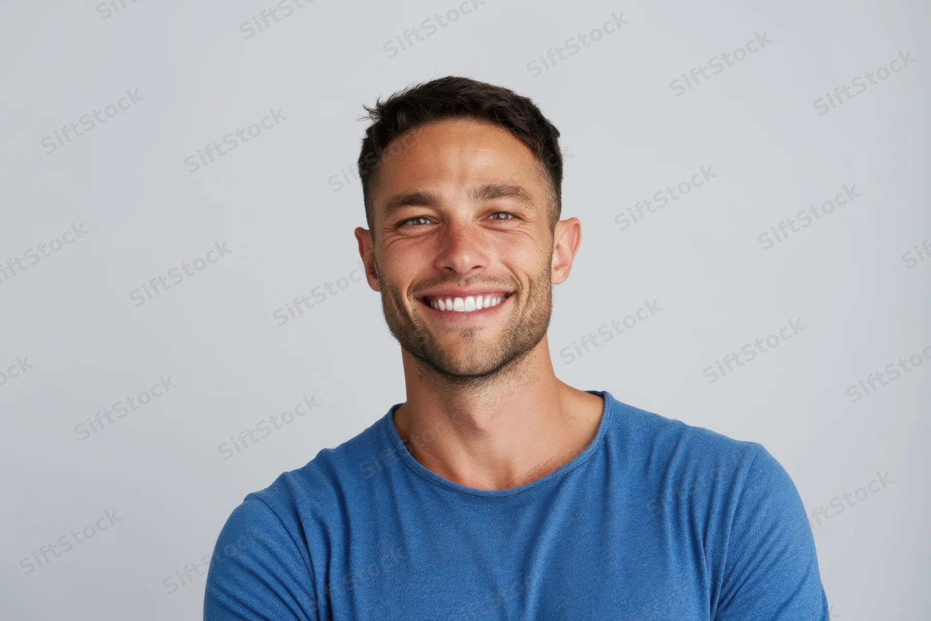 Smiling man in blue tshirt against white background