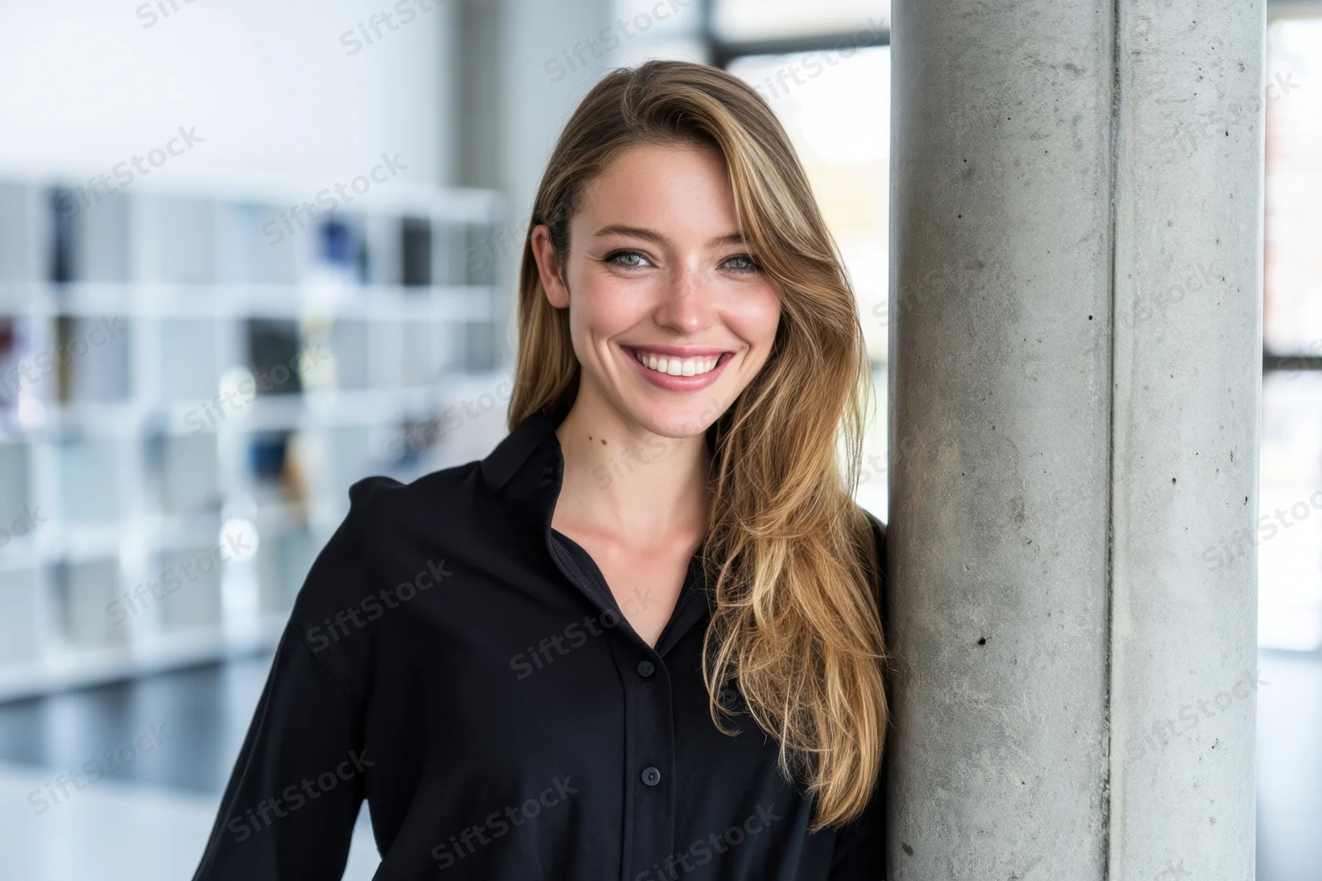 Woman smiling while leaning against a concrete pillar in a modern office interior