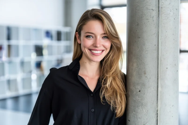 Woman smiling while leaning against a concrete pillar in a modern office interior