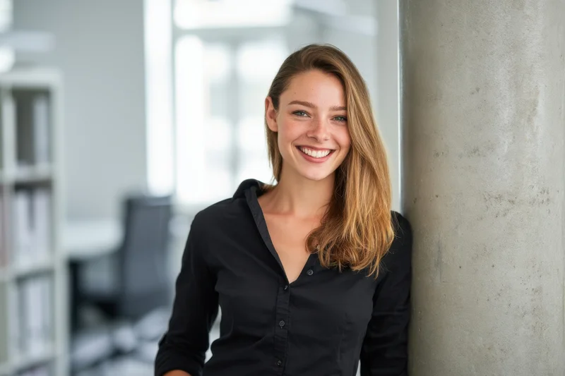 Woman smiling while leaning against concrete pillar in modern office interior