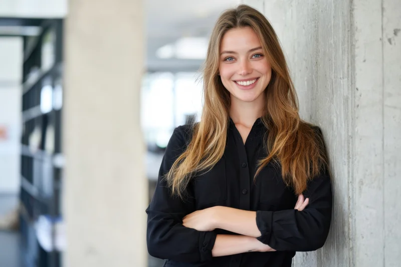 Young woman smiling with arms crossed leaning against concrete wall in office interior