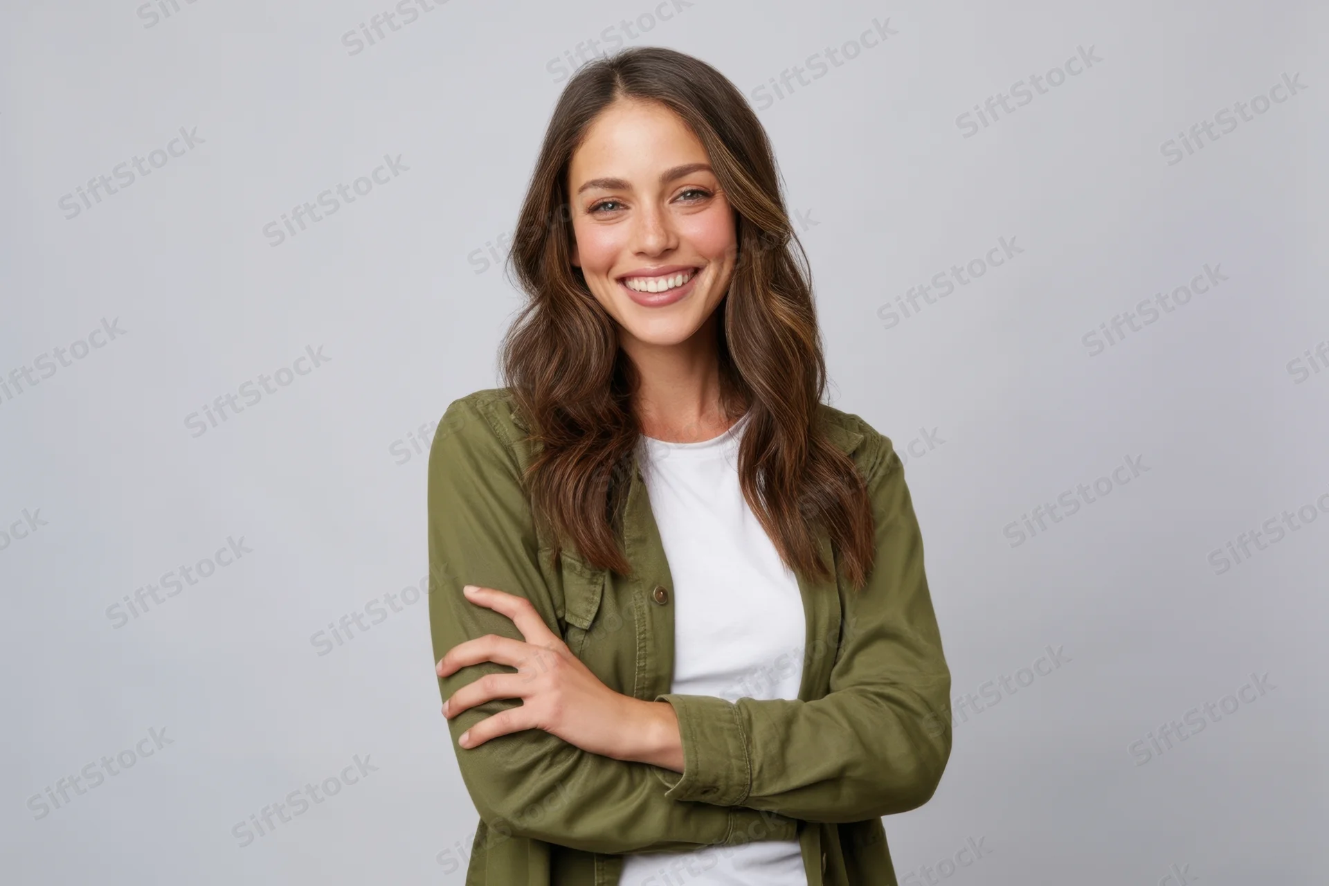Smiling woman with long wavy brown hair wearing white t-shirt and olive green shirt, arms crossed, in studio setting