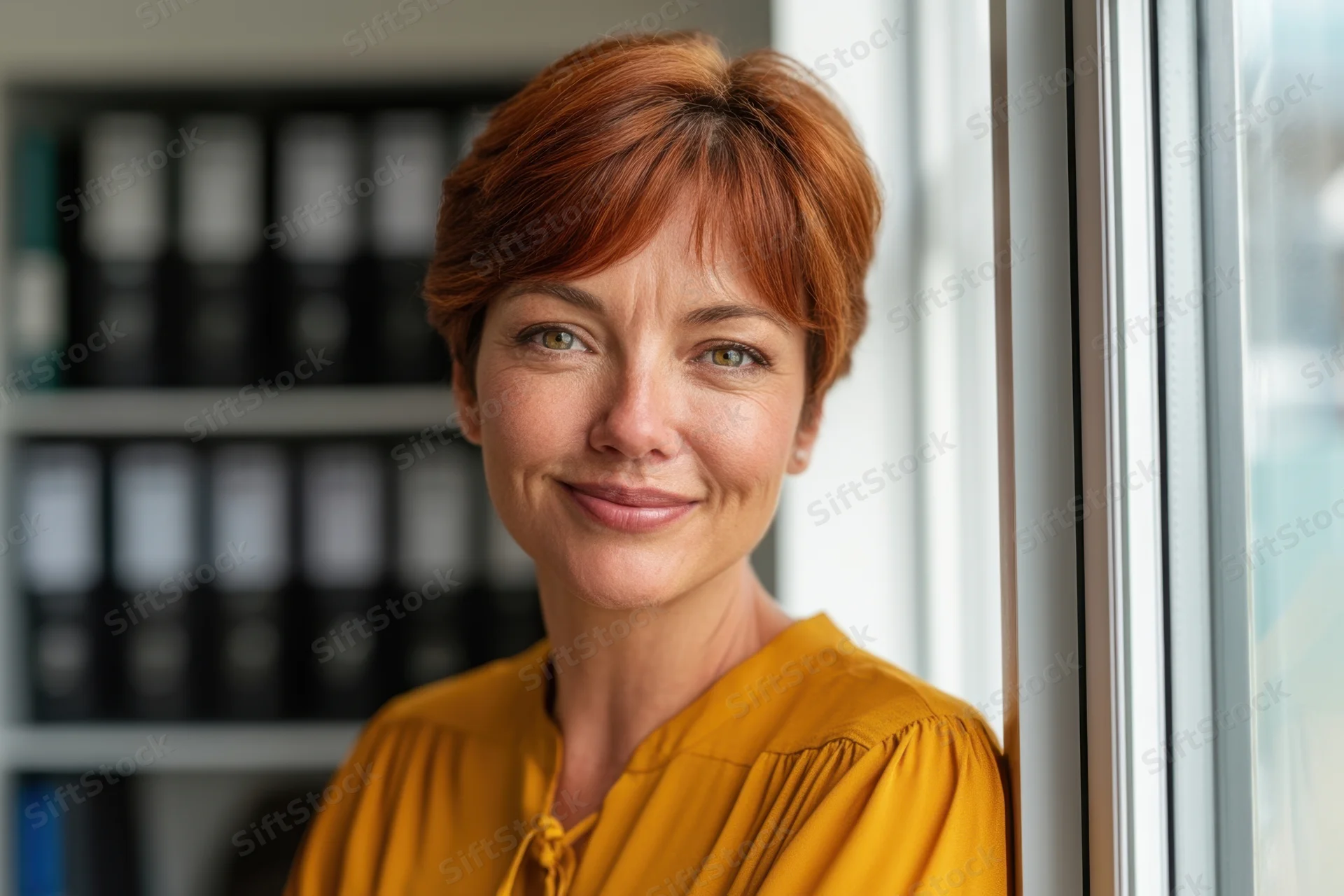 Woman smiling in office near window wearing mustard blouse