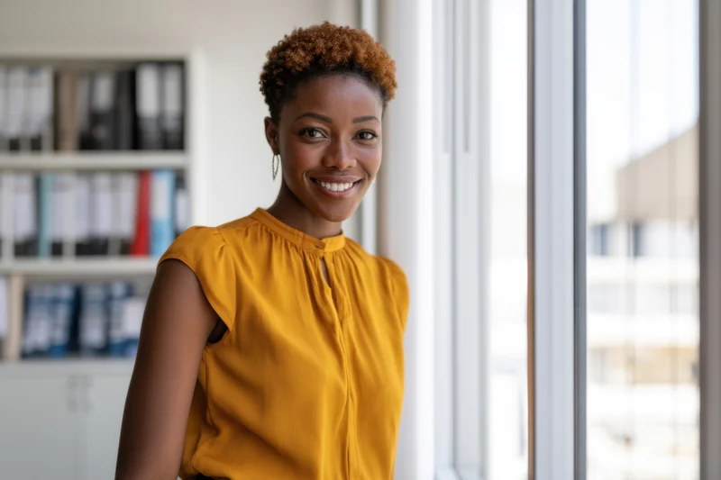 Smiling african woman in mustard blouse standing by office window