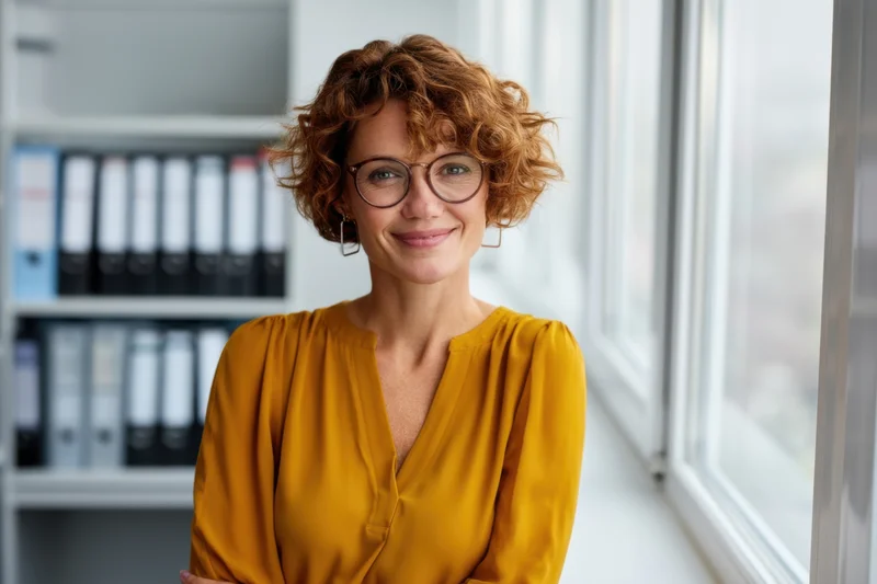 Woman in mustard blouse smiling in office near window