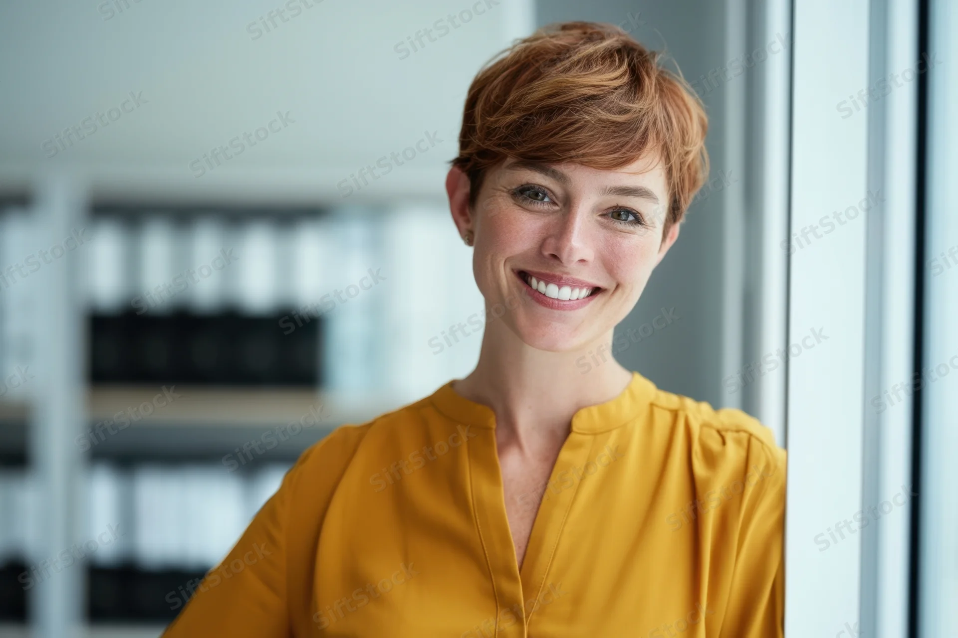 Smiling woman in mustard blouse standing in office interior