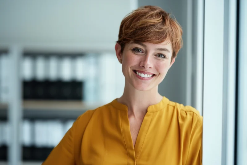 Smiling woman in mustard blouse standing in office interior