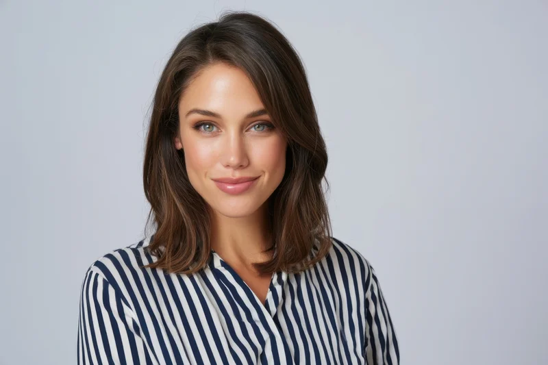 Smiling woman in striped blouse posing for professional headshot against gray background