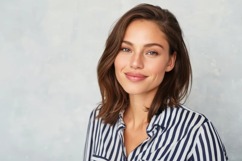 Smiling woman with shoulder-length brown hair wearing a striped shirt in a studio setting