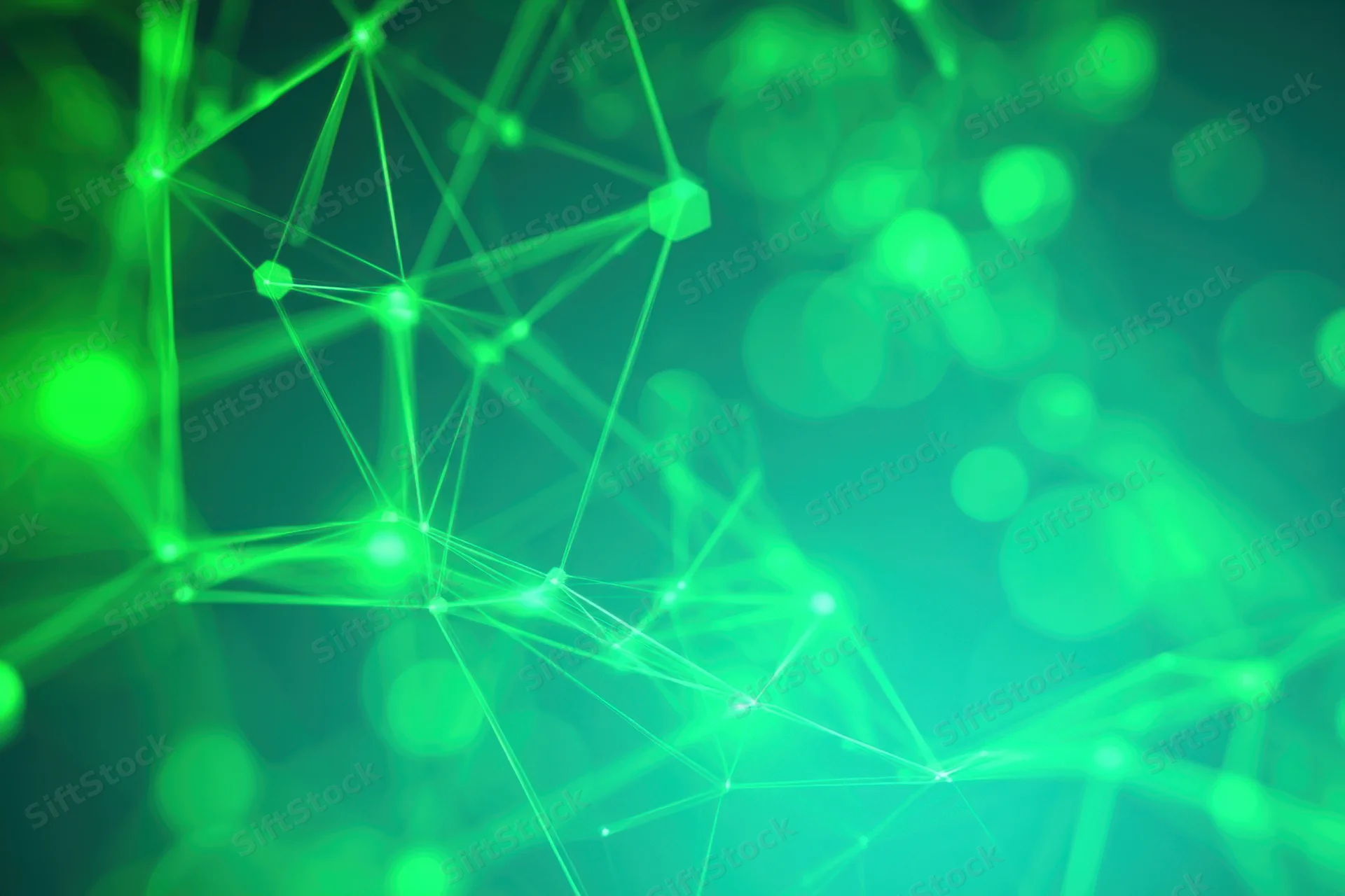 Glowing green network of connected nodes against a blurred digital background