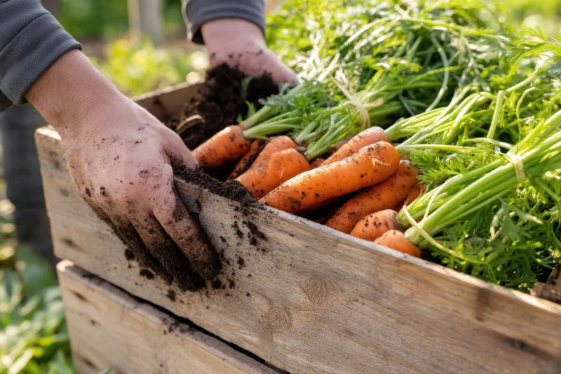 Hands harvesting fresh carrots from a rustic wooden crate in a garden