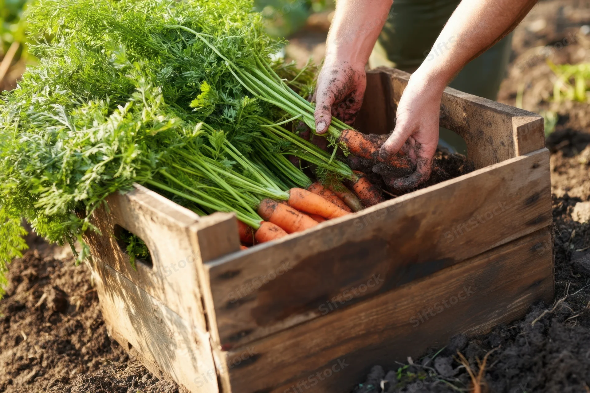 Gardener placing freshly harvested carrots into a wooden crate in a garden