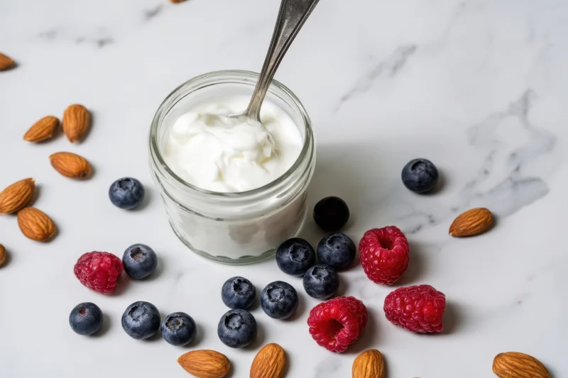 Glass jar of creamy yogurt with spoon surrounded by blueberries, raspberries and almonds on marble surface