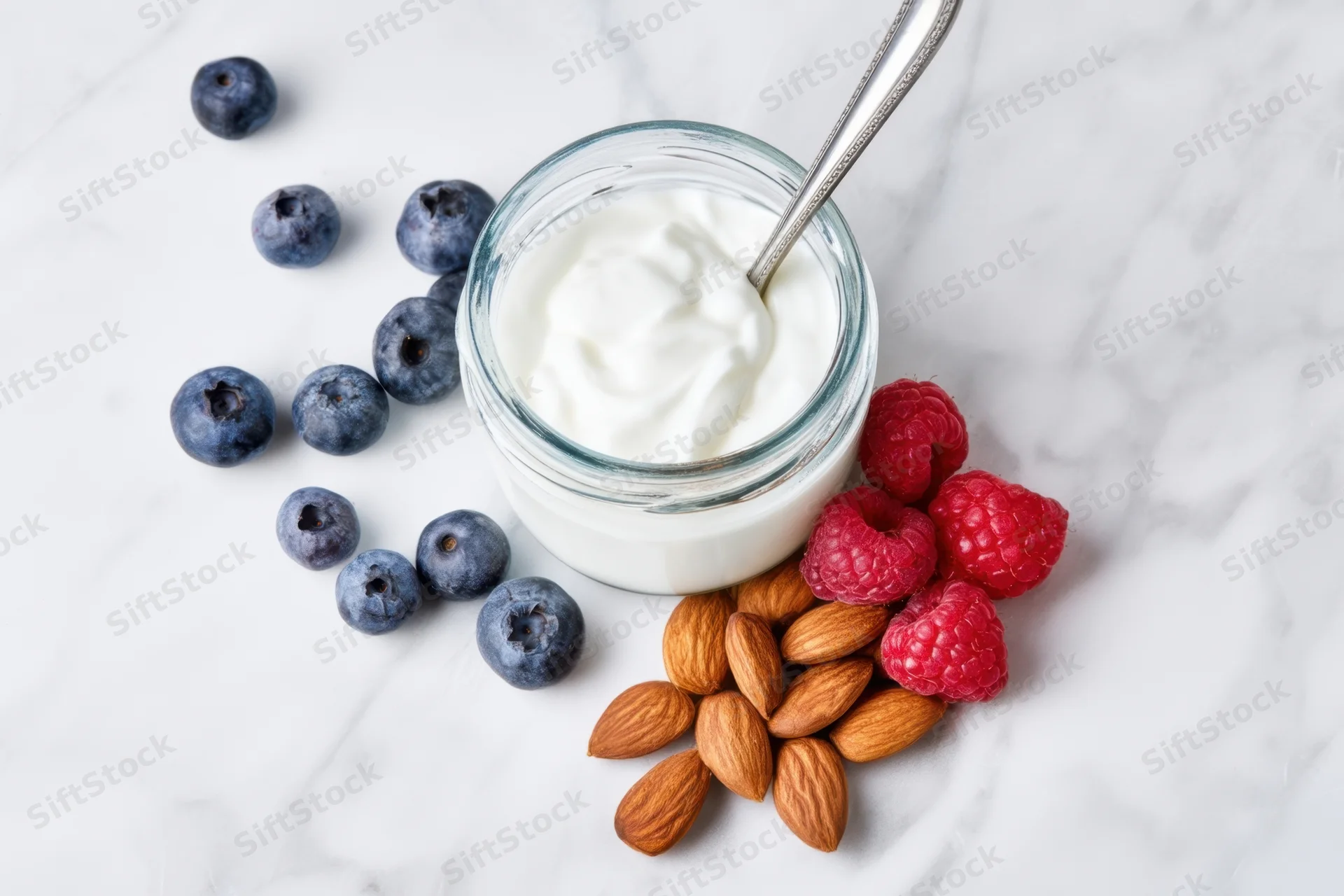 Glass jar of creamy yogurt with spoon surrounded by blueberries, raspberries and almonds on marble surface
