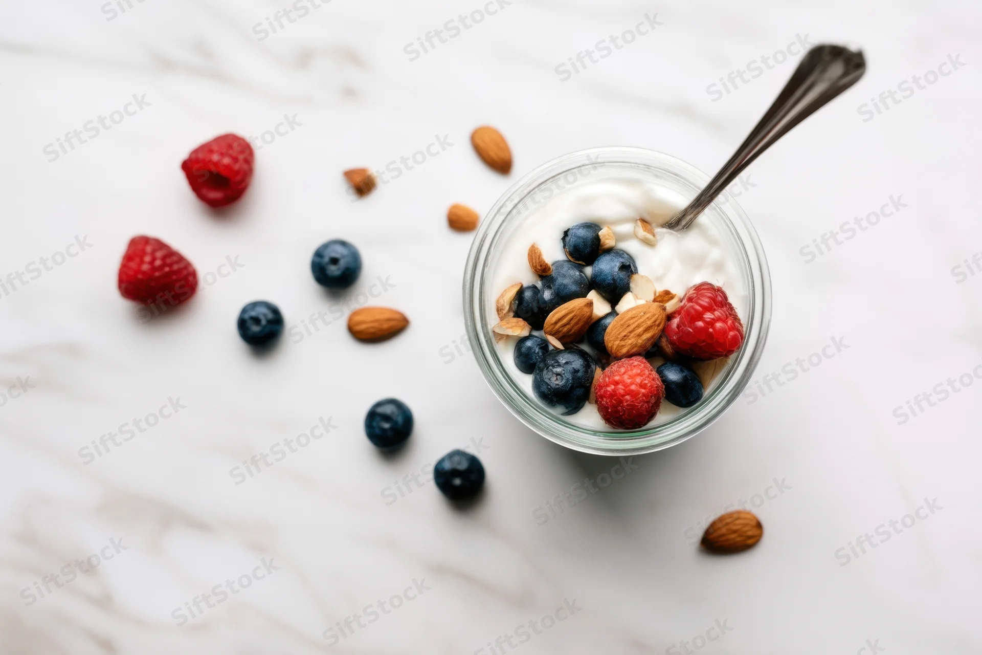 Glass jar of yogurt with blueberries, raspberries and almonds on marble surface, spoon inserted, top-down view
