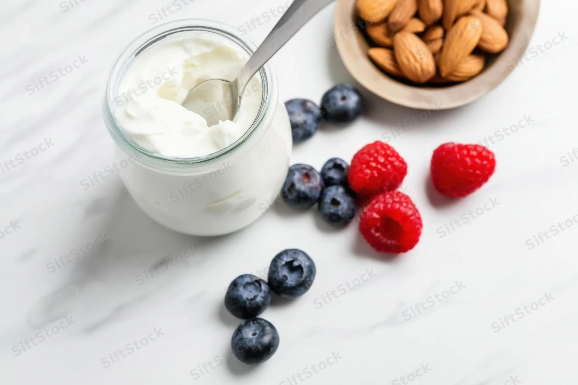 Glass jar of creamy yogurt with spoon and scattered blueberries, raspberries, and almonds on marble countertop
