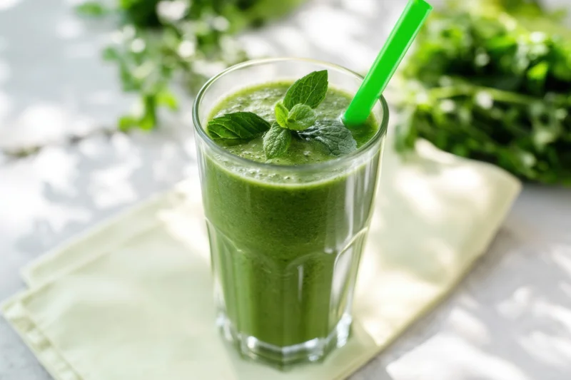 Green smoothie in a glass with mint leaves and a green straw on a napkin