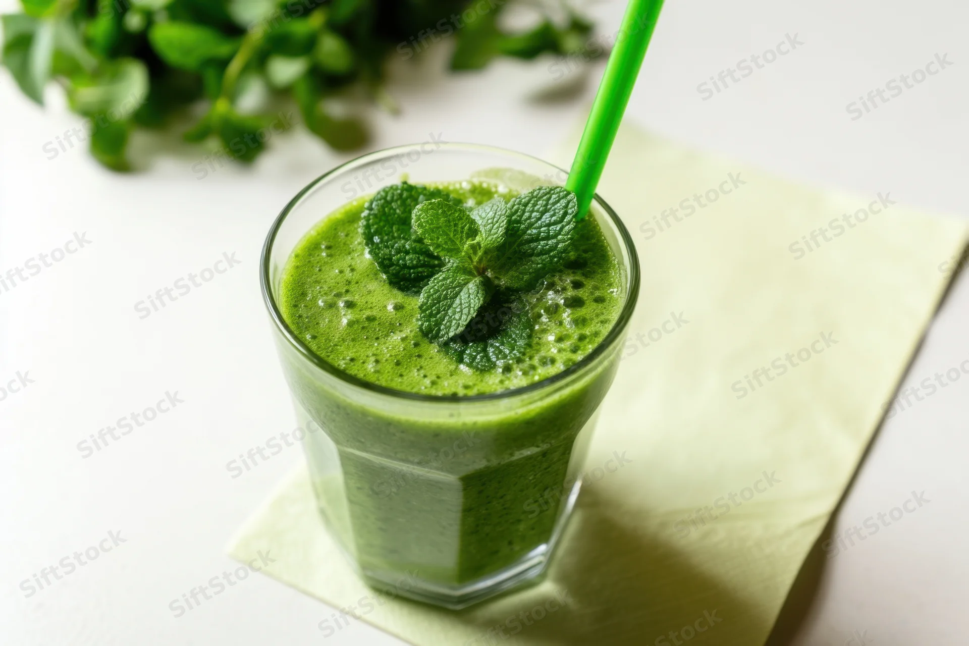 Green smoothie in a glass with mint garnish and straw on a napkin