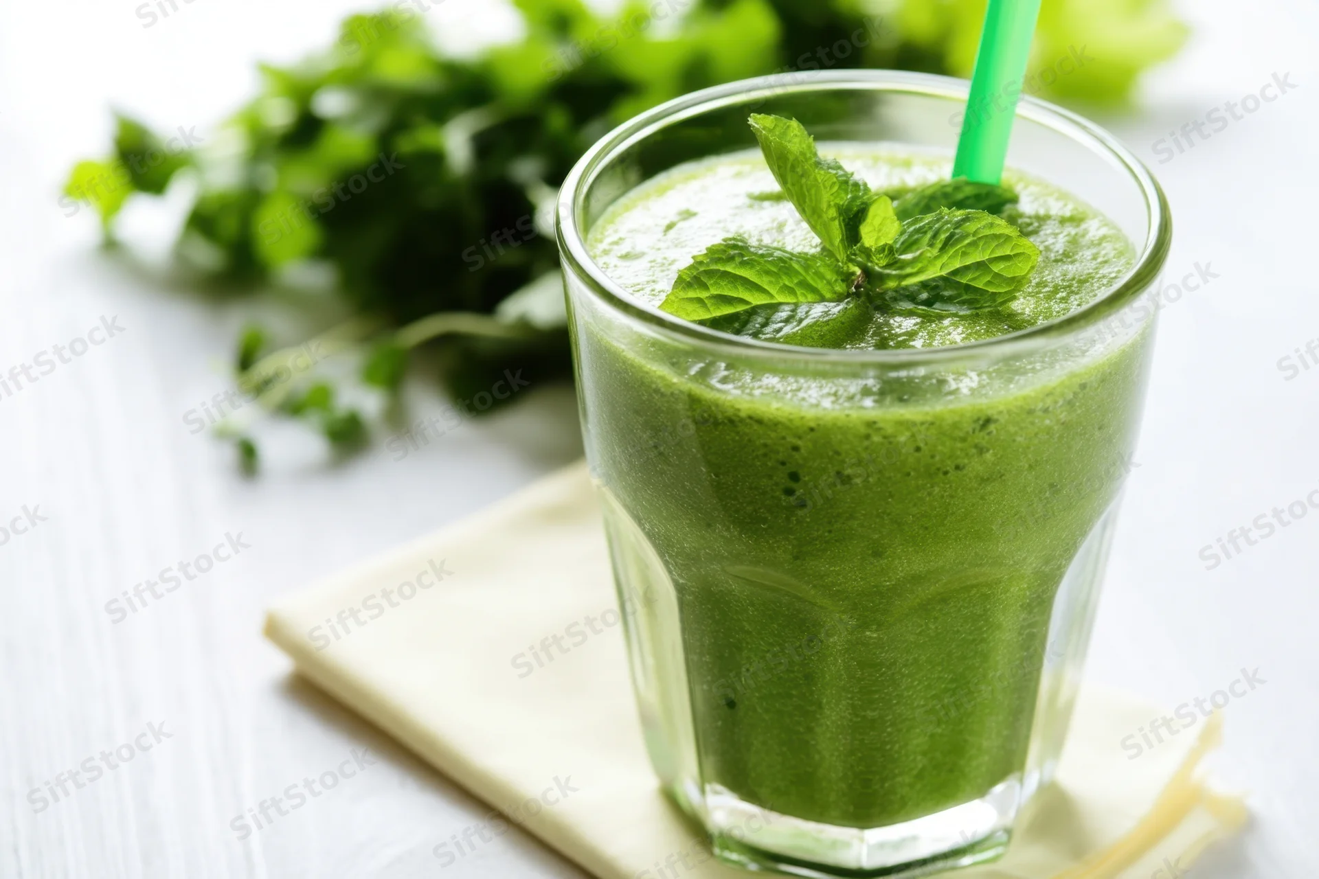 Green smoothie in a glass with mint garnish and straw on a white table